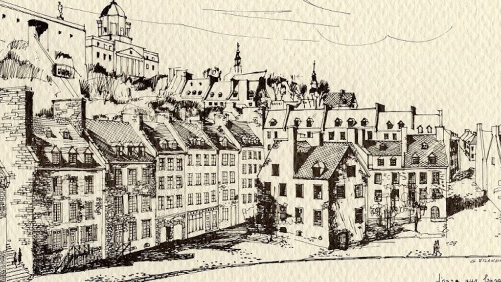 Gravure, L'Anse aux barques, illustrant la maison Demers à Québec. Artiste:G. Viland
